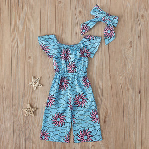 African Floral Cotton Romper with Head Wrap