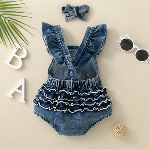 Denim Shirred Trim Sleeveless Baby Girls Jumpsuit