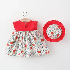 Summer Baby Girl Floral Dress Girl with Sun Hat