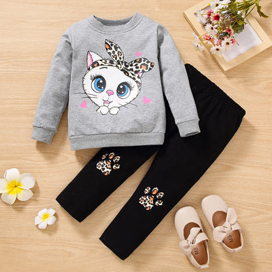 Cat print blouse + trousers soft girls casual cartoon suit cotton kids clothing