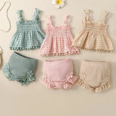 2PCS Baby Girl Summer Flower Sling Harness Set Triangle Crawling Suit