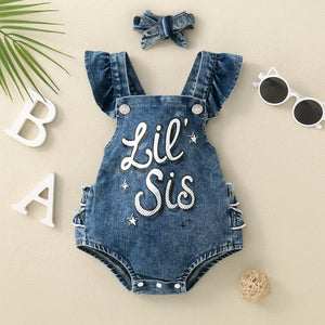 Denim Shirred Trim Sleeveless Baby Girls Jumpsuit