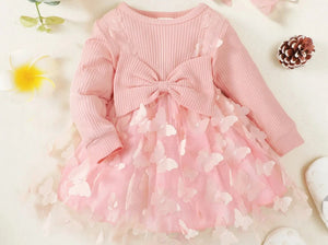 Elegant Round Neck Bow Long Sleeve Dress With Headband