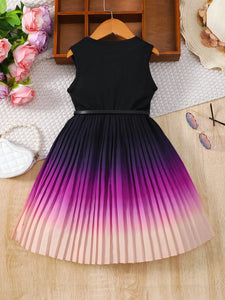 Girl's Gradient Color Blocking Pleated Hem Summer Sleeveless Belt Dress