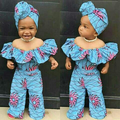 African Floral Cotton Romper with Head Wrap